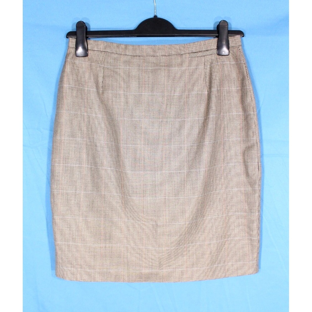 VTG BURBERRYS Black/Tan WOOL SILK BLEND Tiny Houndstooth/Plaid STRAIGHT SKIRT 6